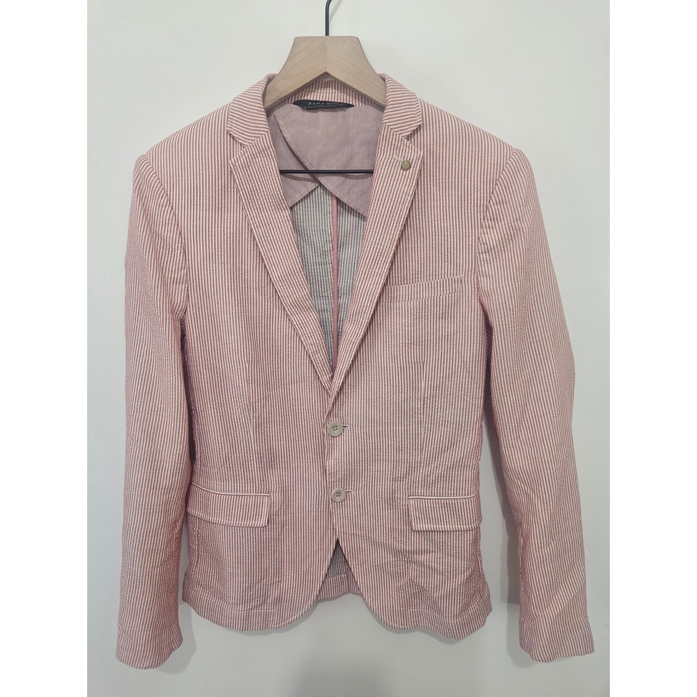 Zara Man Red White Seersucker Striped Blazer Jacket Cotton‎ 40R